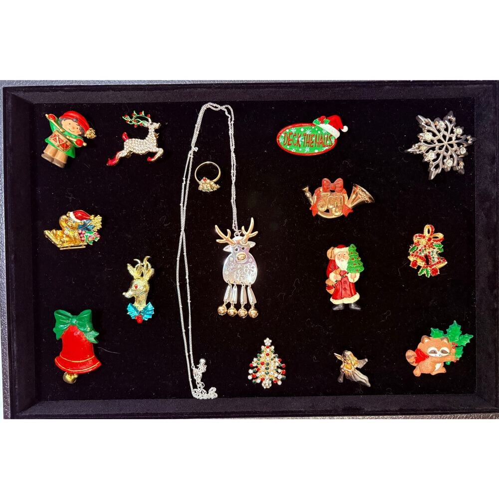 Lot Of 15 Vintage to Modern Christmas Costume Jewelry Lot, Untested, Some Signed